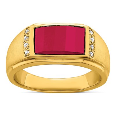 Men's 14K Yellow Gold 1/15 ct tw Lab-Created Ruby & Diamond Barrel Ring