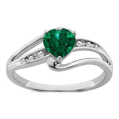 Sterling Silver Lab-Created Emerald & Diamond Heart Ring