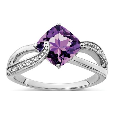 Sterling Silver Amethyst & Diamond Cushion Ring