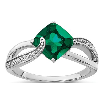 Sterling Silver Lab-Created Emerald & Diamond Ring
