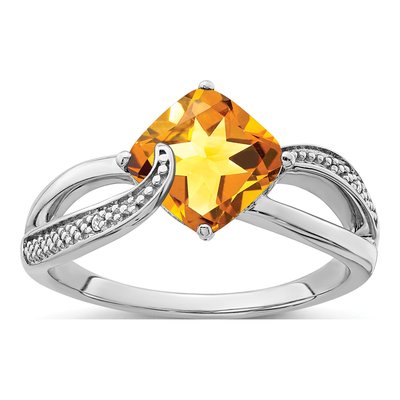 Sterling Silver Citrine & Diamond Cushion Ring