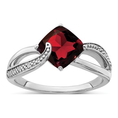 Sterling Silver Garnet & Diamond Cushion Ring