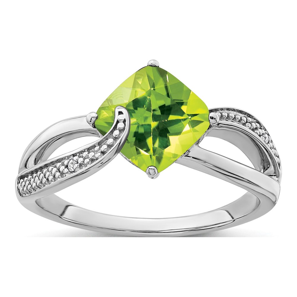 Sterling Silver Peridot & Diamond Cushion Ring
