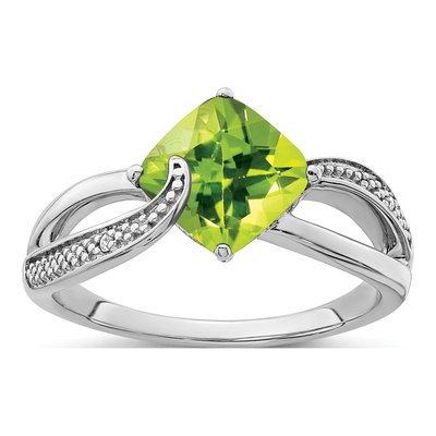 Sterling Silver Peridot & Diamond Cushion Ring