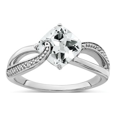 Sterling Silver White Topaz & Diamond Cushion Ring