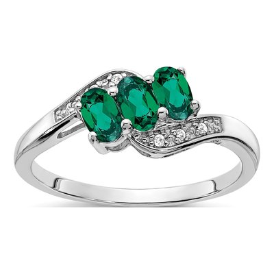 Sterling Silver Lab-Created Emerald & Diamond Ring