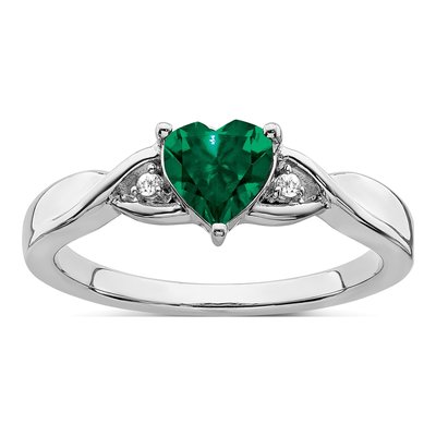 Sterling Silver Lab-Created Emerald & Diamond Heart Ring