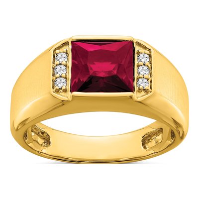Men's 14K Yellow Gold 1/8 ct tw Lab-Created Ruby & Diamond Square Ring