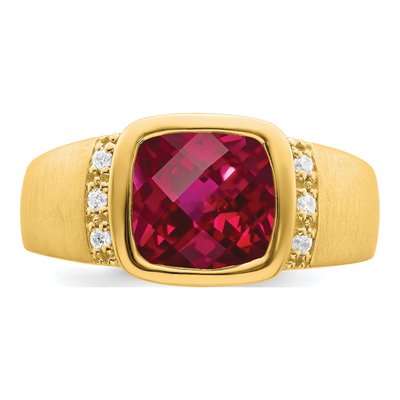 Men's 14K Yellow Gold 1/10 ct tw Lab-Created Ruby & Diamond Cushion Ring – view 6