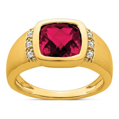 Men's 14K Yellow Gold 1/10 ct tw Lab-Created Ruby & Diamond Cushion Ring