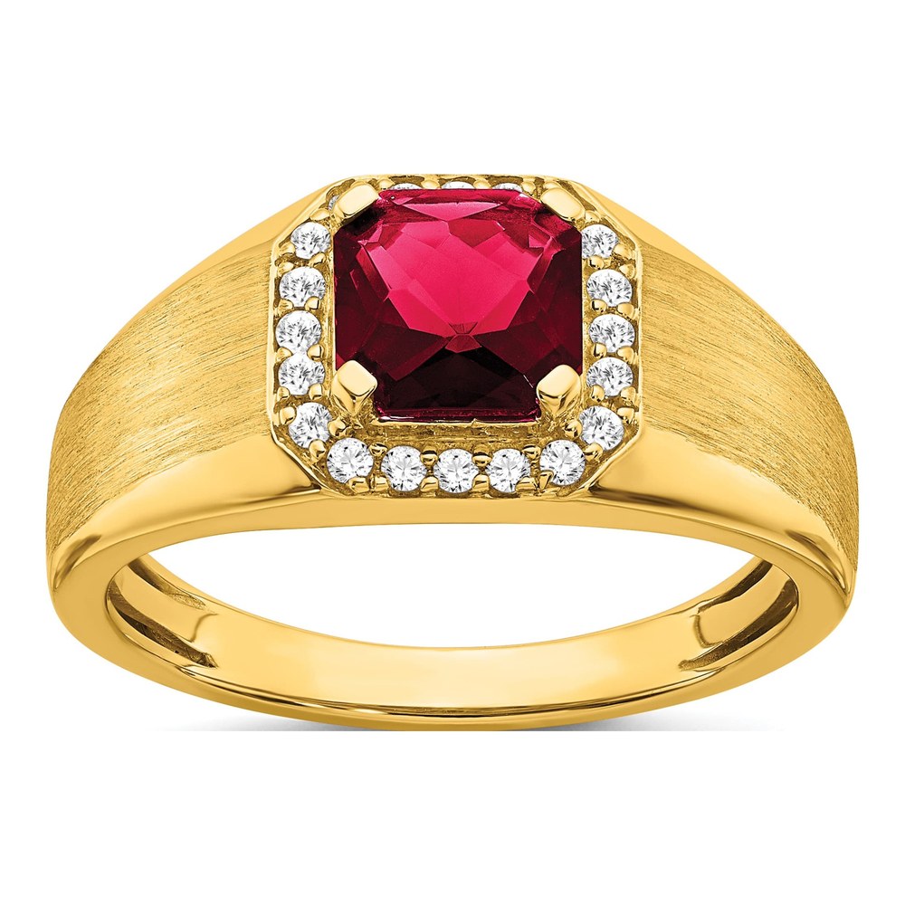 Men's 14K Yellow Gold 1/5 ct tw Lab-Created Ruby & Diamond Cushion Halo Ring