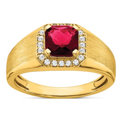 Men's 14K Yellow Gold 1/5 ct tw Lab-Created Ruby & Diamond Cushion Halo Ring