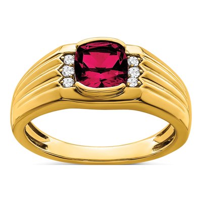 Men's 14K Yellow Gold 1/10 ct tw Lab-Created Ruby & Diamond Cushion Ring