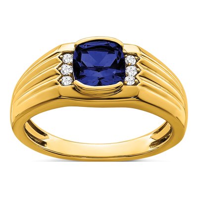 Men's 14K Yellow Gold 1/10 ct tw Lab-Created Sapphire & Diamond Cushion Ring
