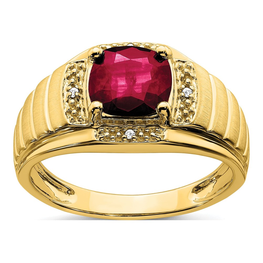 Men's 14K Yellow Gold Lab-Created Ruby & Diamond Cushion Ring