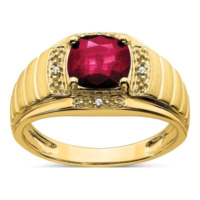 Men's 14K Yellow Gold Lab-Created Ruby & Diamond Cushion Ring