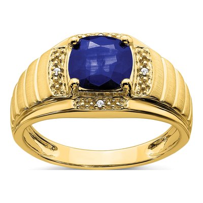 Men's 14K Yellow Gold Lab-Created Sapphire & Diamond Cushion Ring