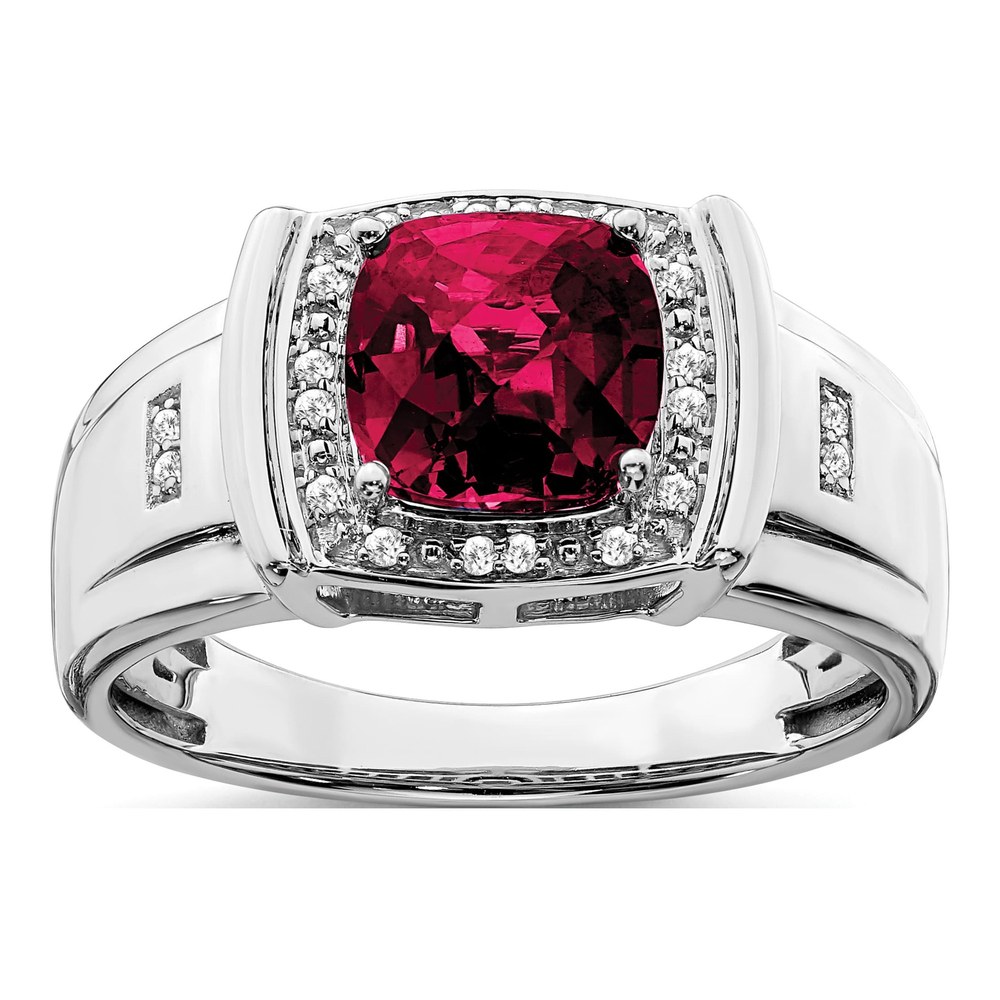 Men's 14K White Gold 1/10 ct tw Lab-Created Ruby & Diamond Cushion Ring