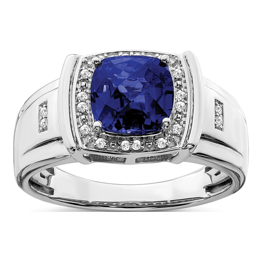 Men's 14K White Gold 1/10 ct tw Lab-Created Sapphire & Diamond Cushion Ring