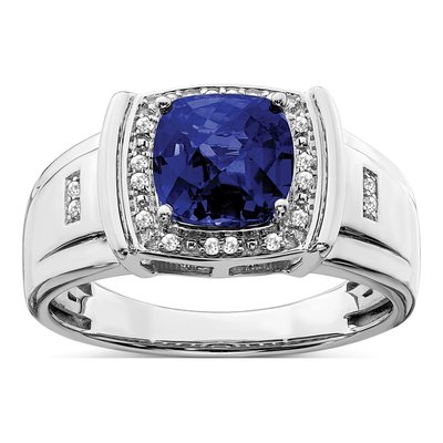 Men's 14K White Gold 1/10 ct tw Lab-Created Sapphire & Diamond Cushion Ring