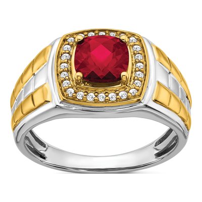 Men's 14K Two-Tone Gold 1/5 ct tw Lab-Created Ruby & Diamond Cushion Halo Ring