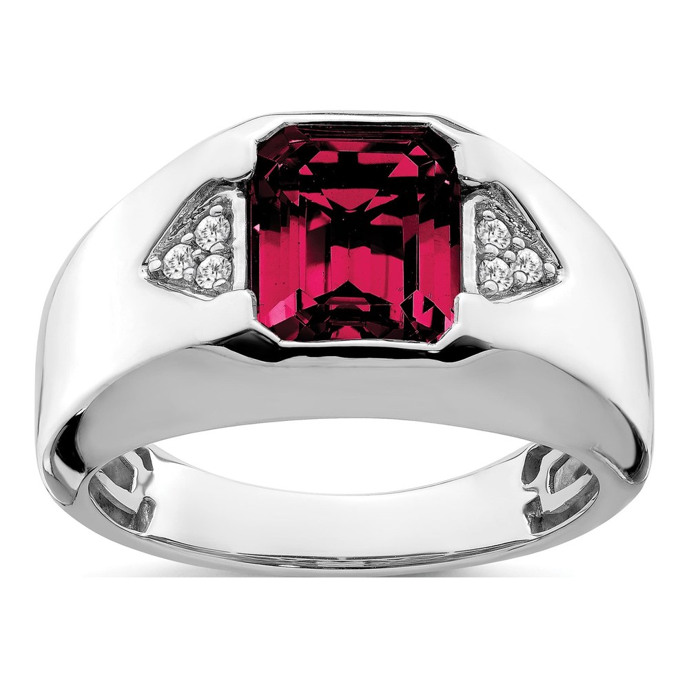 Men's 14K White Gold 1/10 ct tw Lab-Created Ruby & Diamond Emerald-Cut Ring