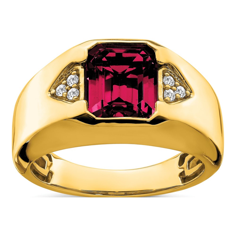 Men's 14K Yellow Gold 1/10 ct tw Lab-Created Ruby & Diamond Emerald-Cut Ring