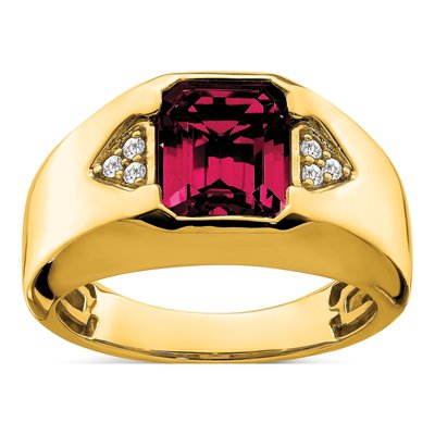 Men's 14K Yellow Gold 1/10 ct tw Lab-Created Ruby & Diamond Emerald-Cut Ring