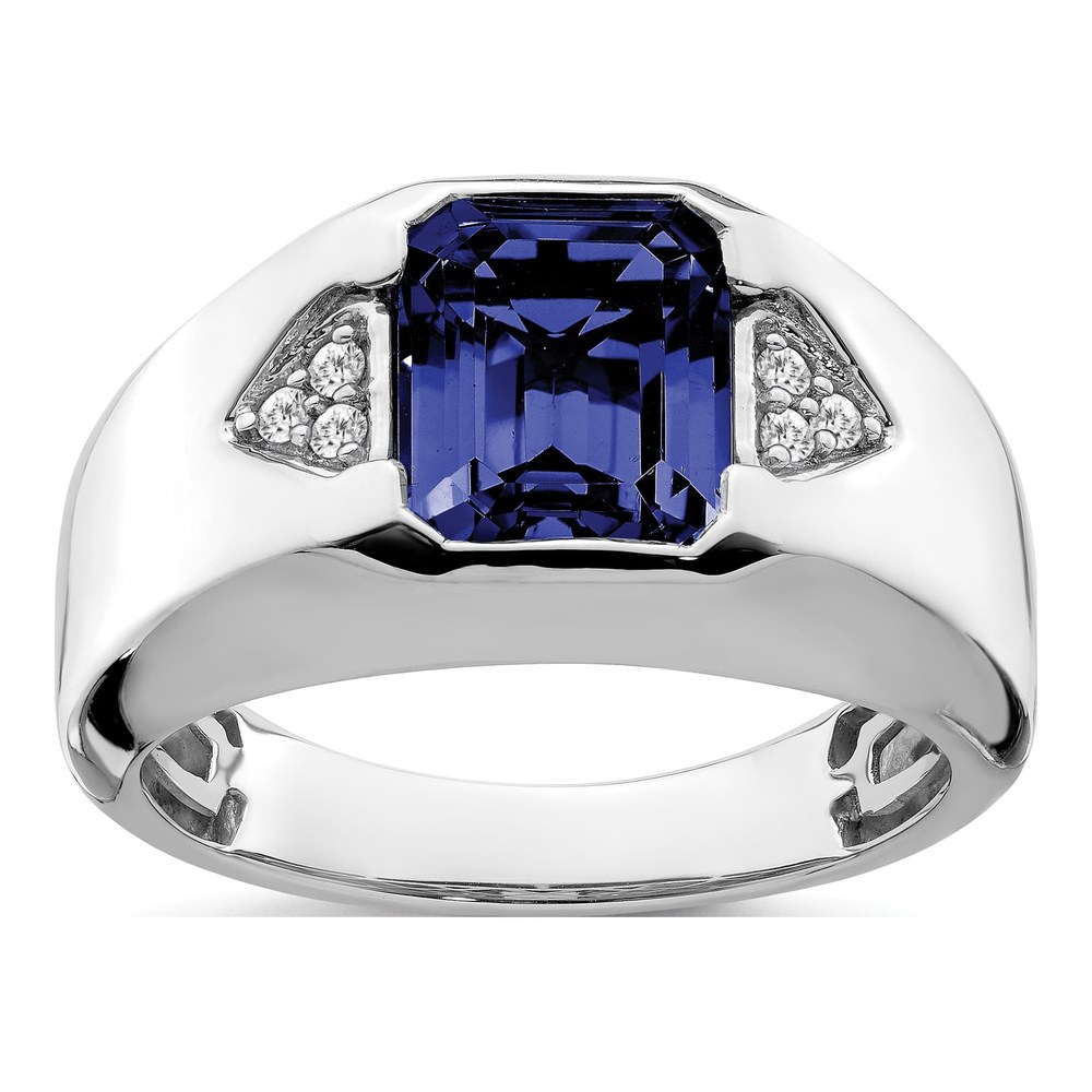 Men's 14K White Gold 1/10 ct tw Lab-Created Sapphire & Diamond Emerald-Cut Ring