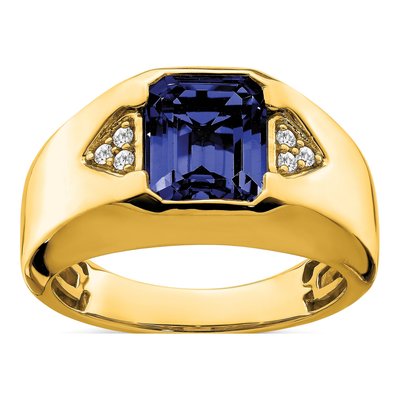 Men's 14K Yellow Gold 1/10 ct tw Lab-Created Sapphire & Diamond Emerald-Cut Ring