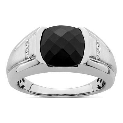Men's 14K White Gold 1/10 ct tw Onyx & Diamond Cushion Ring