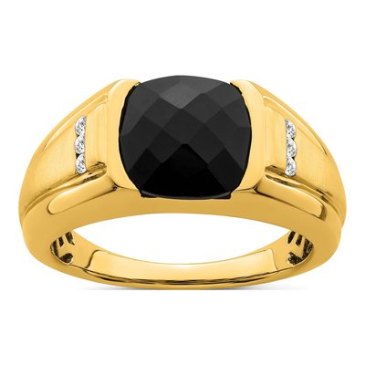 Men's 14K Yellow Gold 1/10 ct tw Onyx & Diamond Cushion Ring