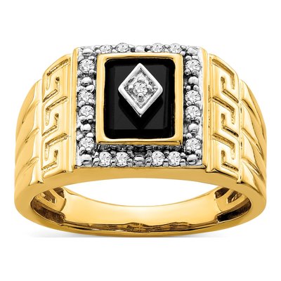 Men's 14K Yellow Gold 1/5 ct tw Onyx & Diamond Rectangle Greek Key Design Ring