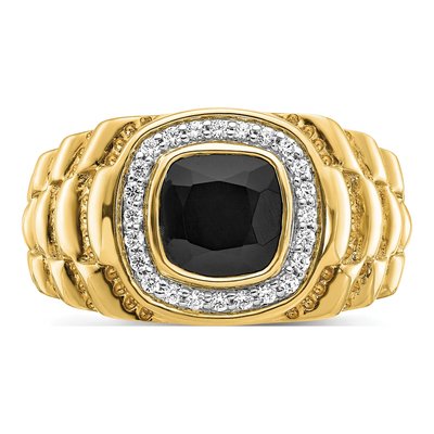 Men's 14K Yellow Gold 1/4 ct tw Onyx & Diamond Cushion Halo Textured Ring – view 5