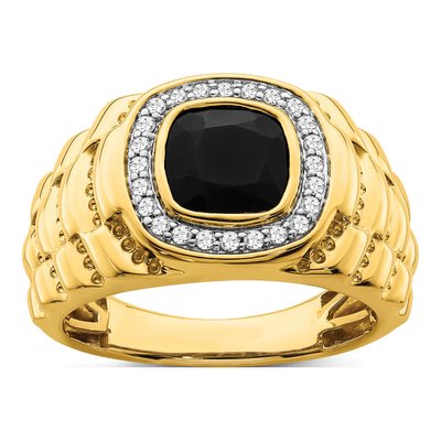 Men's 14K Yellow Gold 1/4 ct tw Onyx & Diamond Cushion Halo Textured Ring