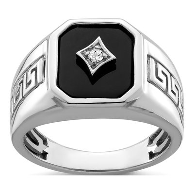 Men's 14K White Gold Onyx & Diamond Greek Key Ring