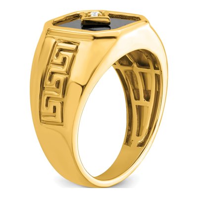 Men's 14K Yellow Gold Onyx & Diamond Greek Key Ring – view 7