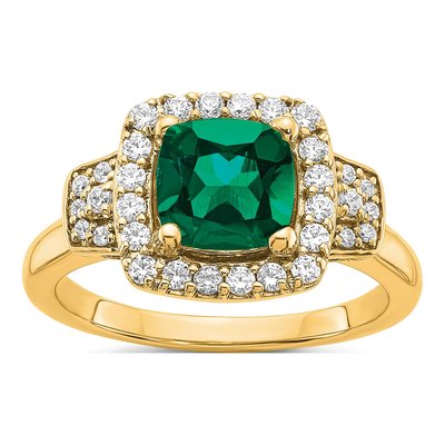 14K Yellow Gold 3/8 ct tw Lab-Created Emerald & Lab-Grown Diamond Halo Ring