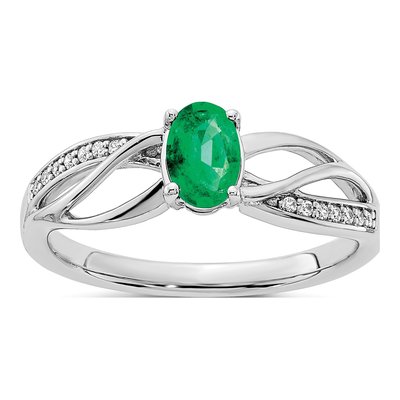 14K White Gold 1/20 ct tw Emerald & Diamond Oval Ring