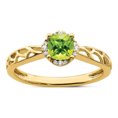 14K Yellow Gold 1/20 ct tw Peridot & Diamond Cushion Ring