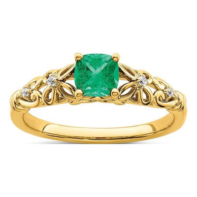 14K Yellow Gold Emerald & Diamond Cushion Filigree Ring