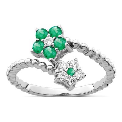 14K White Gold 1/6 ct tw Emerald & Diamond Floral Ring