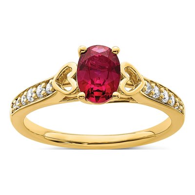 14K Yellow Gold 1/8 ct tw Ruby & Diamond Oval Side-Hearts Ring