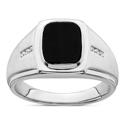 Men's 14K White Gold 1/15 ct tw Onyx & Diamond Cushion Ring