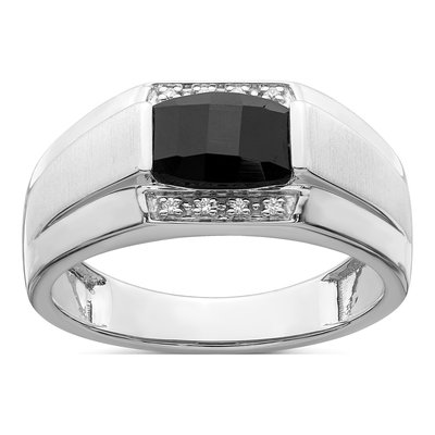 Men's 14K White Gold Onyx & Diamond Barrel Ring