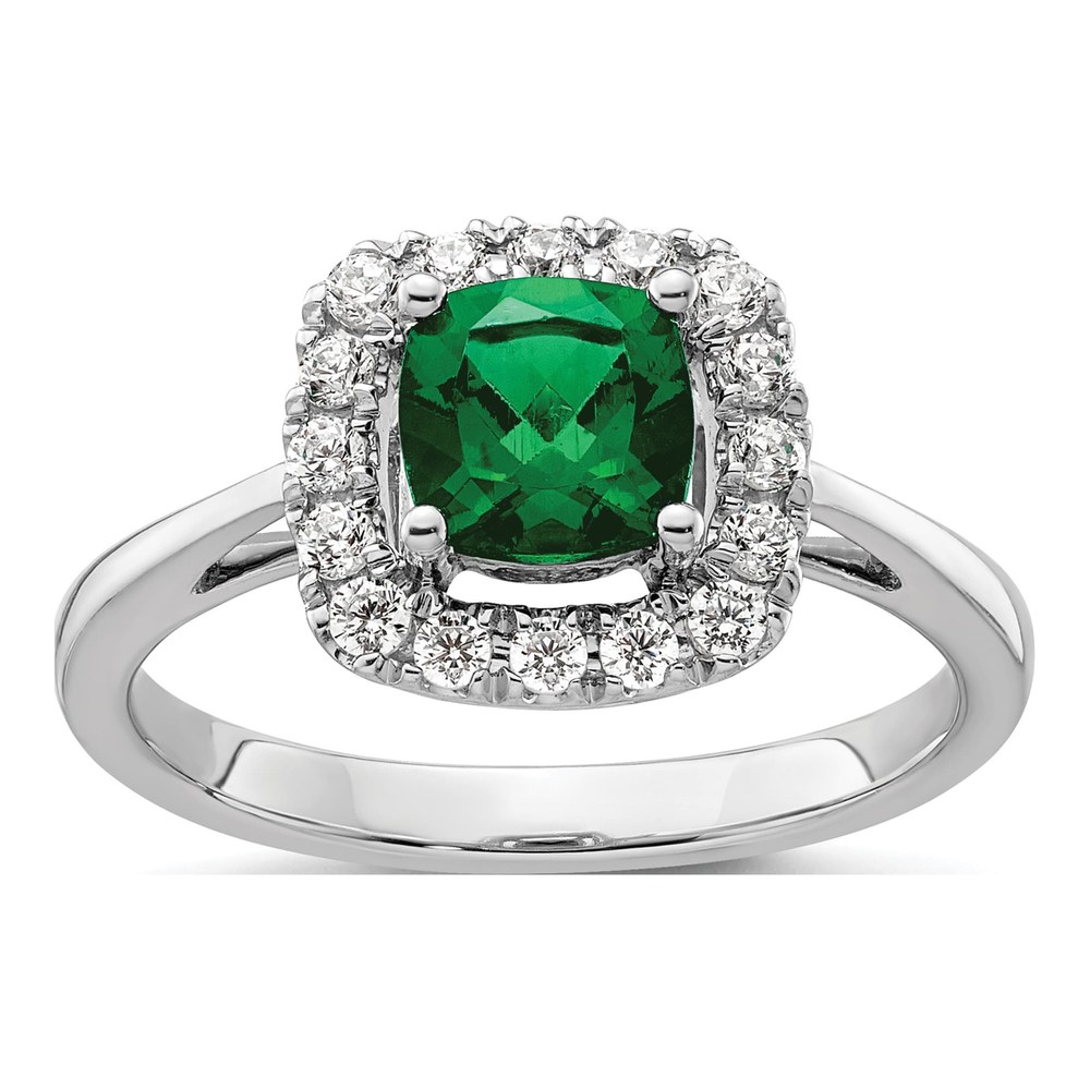14K White Gold May Birthstone Emerald Diamond Ring