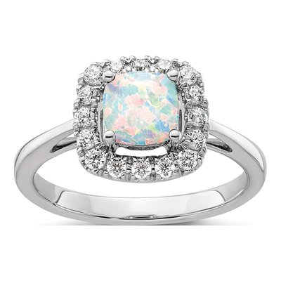 14K White Gold 1/4 ct tw Opal & Lab-Grown Diamond Halo Ring