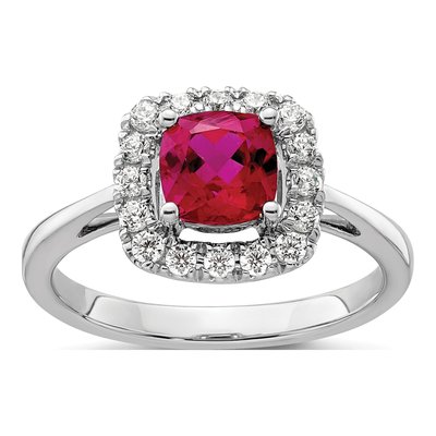 14k White Gold Ruby Halo Ring, July Birthstone