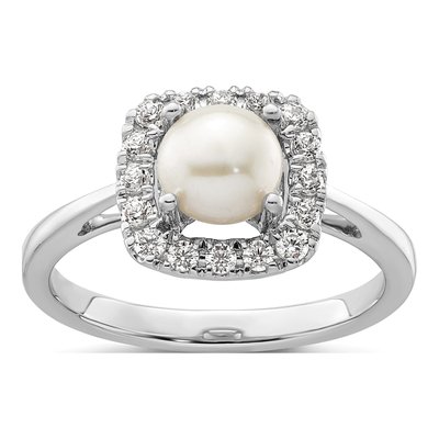 14K White Gold 1/4 ct tw Freshwater Cultured Pearl & Lab-Grown Diamond Halo Ring