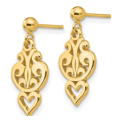 14K Yellow Gold Filigree Heart Dangle Earrings – view 3